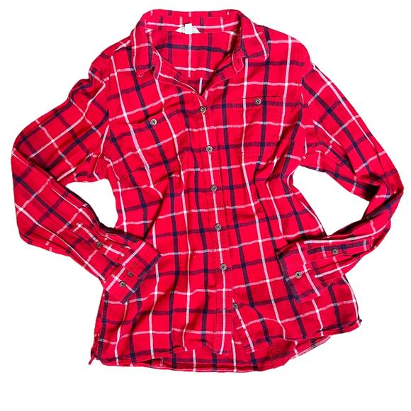 Duluth Trading Co Size Large Red Blue White Plaid Free Swingin Flannel Shirt - Picture 1 of 9